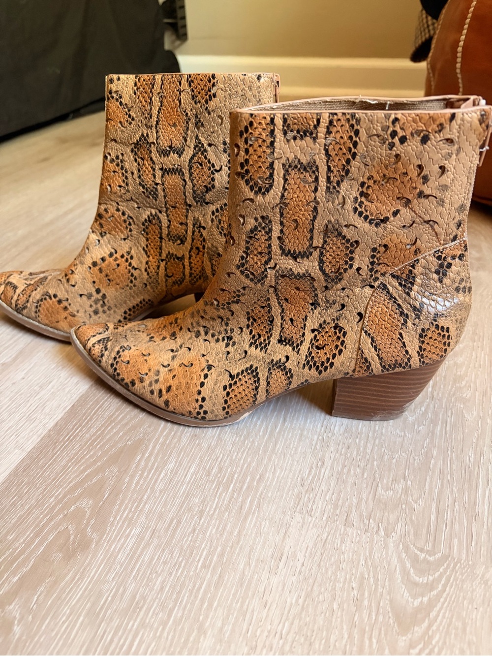 Coconuts by Matisse Tan Snake-Print Ankle Booties